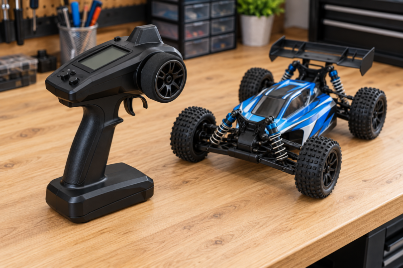 Black pistol-grip radio transmitter beside a blue RC off-road buggy on a wooden hobby workbench