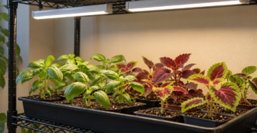 Two unbranded white light bars above small basil and coleus plants on a black wire shelf