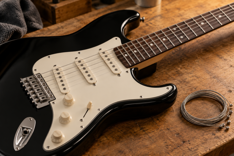 Black electric guitar with a cream pickguard beside coiled metal guitar strings on a wooden workbench