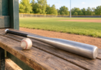 Unbranded silver baseball bat with a black grip and a baseball on a wooden dugout bench