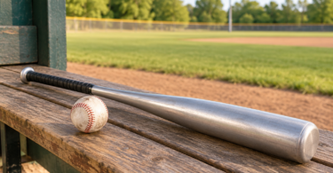 Unbranded silver baseball bat with a black grip and a baseball on a wooden dugout bench