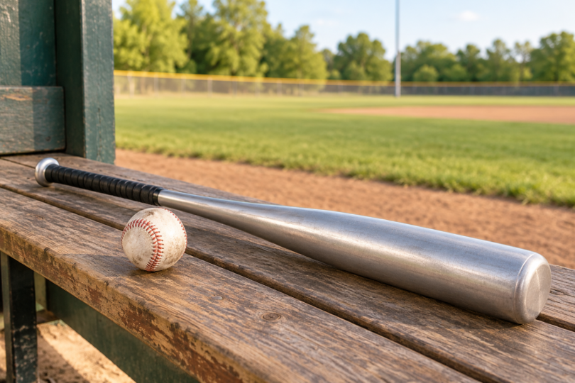 Unbranded silver baseball bat with a black grip and a baseball on a wooden dugout bench