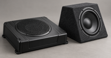 Generic low-profile black subwoofer enclosure beside a charcoal wedge-shaped subwoofer box