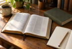 An open study book, a closed green book and a blank notebook with a pencil on a sunlit wooden desk