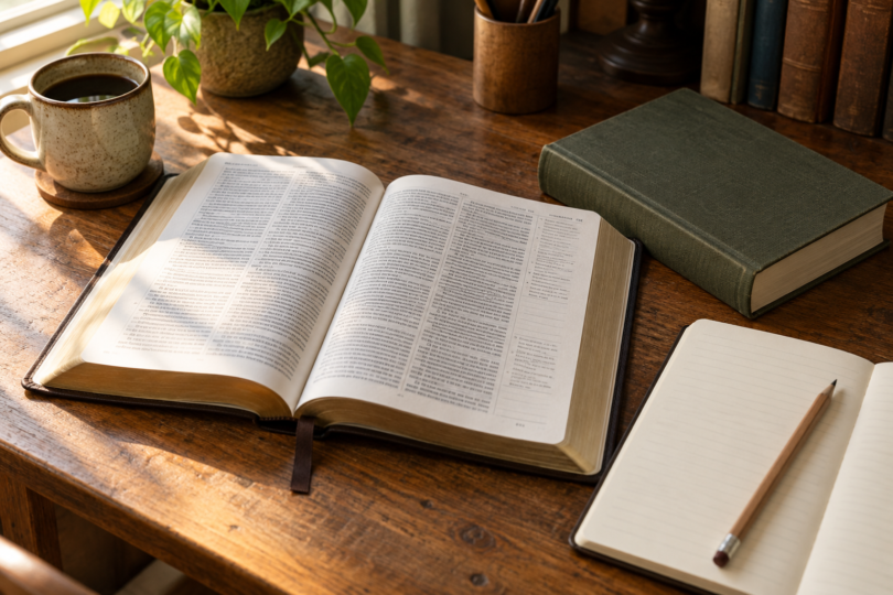 An open study book, a closed green book and a blank notebook with a pencil on a sunlit wooden desk