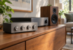 Generic four-knob tone-control unit beside an amplifier and a bookshelf speaker on a wooden console