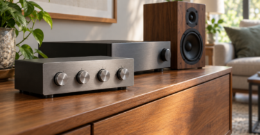 Generic four-knob tone-control unit beside an amplifier and a bookshelf speaker on a wooden console