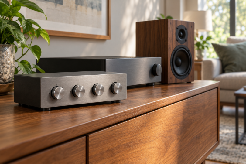 Generic four-knob tone-control unit beside an amplifier and a bookshelf speaker on a wooden console