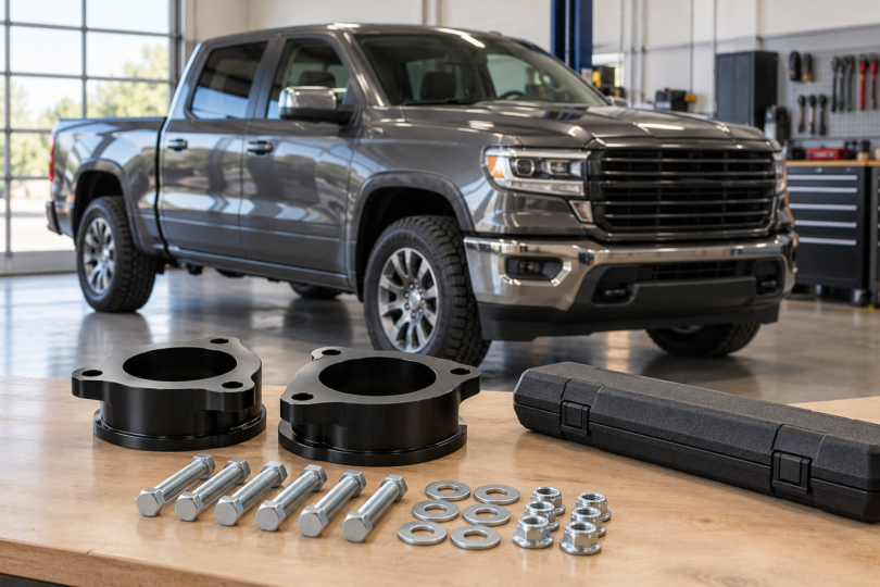 Generic suspension spacers and hardware on a workbench beside a parked pickup truck