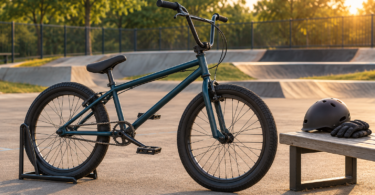Unbranded dark teal bicycle parked in a stand beside a helmet and gloves at an empty enclosed cycling skills area