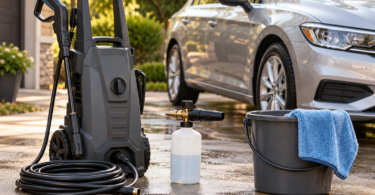 Generic pressure washer, foam cannon bottle and wash bucket beside a parked silver car