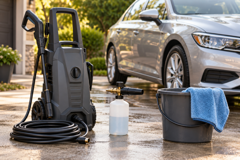 Generic pressure washer, foam cannon bottle and wash bucket beside a parked silver car