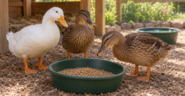 Three adult domestic ducks beside a green pan of dry feed under a wooden shelter, with a separate water bowl behind them