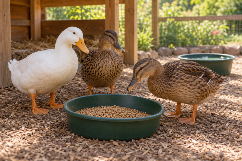 Three adult domestic ducks beside a green pan of dry feed under a wooden shelter, with a separate water bowl behind them