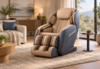 Illustration of an unbranded full massage chair in a living room with a tape measure on a side table