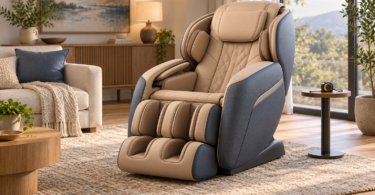 Illustration of an unbranded full massage chair in a living room with a tape measure on a side table