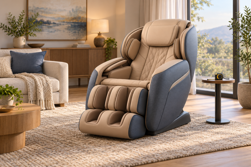 Illustration of an unbranded full massage chair in a living room with a tape measure on a side table