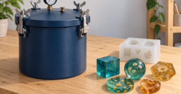 Illustration of an unbranded blue pressure vessel beside a white mold and translucent teal and amber resin shapes on a wooden workbench