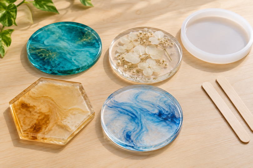 Four translucent resin coasters in teal, clear floral, amber and pale blue designs beside an empty white mold and two wooden mixing sticks