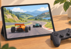 An unbranded tablet showing an illustrated open-wheel race, with a game controller beside it.