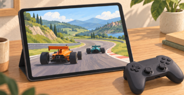 An unbranded tablet showing an illustrated open-wheel race, with a game controller beside it.