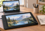 An unbranded pen display and laptop showing a mountain landscape, with a stylus resting on the drawing screen.