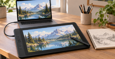 An unbranded pen display and laptop showing a mountain landscape, with a stylus resting on the drawing screen.