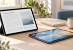 Two unbranded tablets on a light wood desk in a conceptual reading and entertainment scene