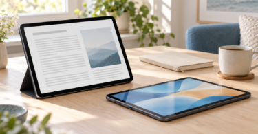 Two unbranded tablets on a light wood desk in a conceptual reading and entertainment scene
