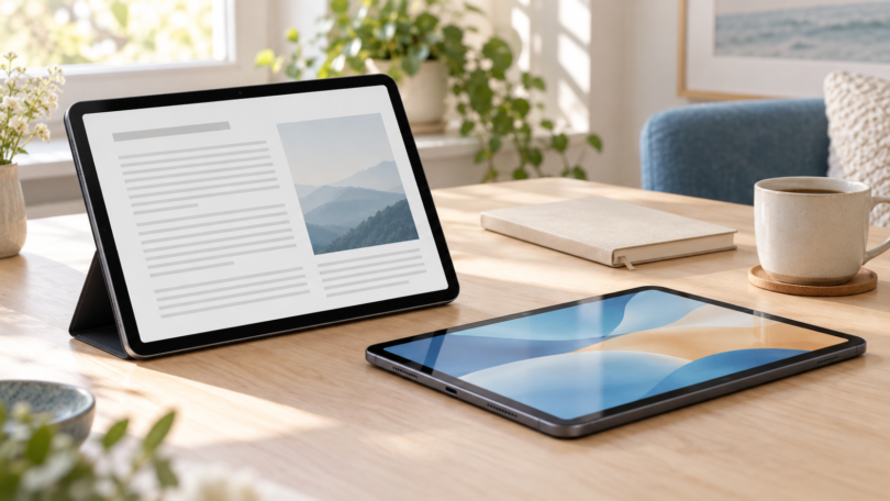 Two unbranded tablets on a light wood desk in a conceptual reading and entertainment scene
