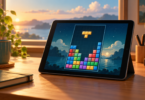 An unbranded tablet displaying a colorful retro block puzzle on a wooden desk beside a window.