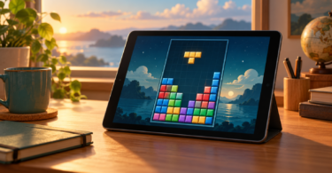 An unbranded tablet displaying a colorful retro block puzzle on a wooden desk beside a window.