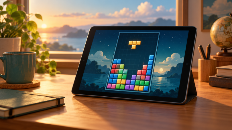 An unbranded tablet displaying a colorful retro block puzzle on a wooden desk beside a window.