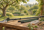 Conceptual illustration of an unbranded pole pruner, spare pole sections, coiled rope and gloves on a wooden bench in an orchard.
