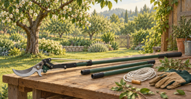 Conceptual illustration of an unbranded pole pruner, spare pole sections, coiled rope and gloves on a wooden bench in an orchard.