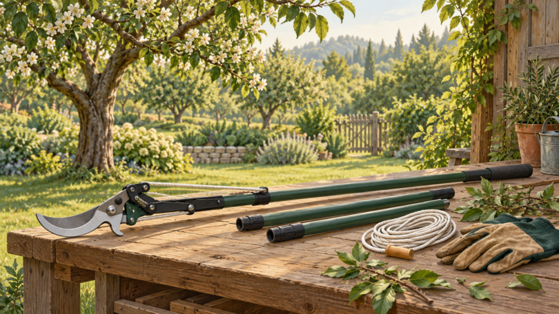 Conceptual illustration of an unbranded pole pruner, spare pole sections, coiled rope and gloves on a wooden bench in an orchard.