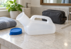 An empty unbranded white portable urinal bottle, a blue cap, a folded towel and a travel pouch on a bathroom counter.