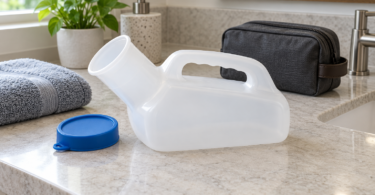 An empty unbranded white portable urinal bottle, a blue cap, a folded towel and a travel pouch on a bathroom counter.