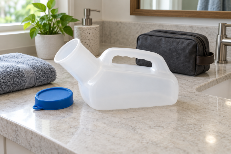 An empty unbranded white portable urinal bottle, a blue cap, a folded towel and a travel pouch on a bathroom counter.