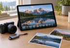An unbranded tablet displays a mountain-lake photograph beside a camera, card reader and printed landscape photos on a wooden desk.