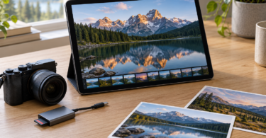 An unbranded tablet displays a mountain-lake photograph beside a camera, card reader and printed landscape photos on a wooden desk.