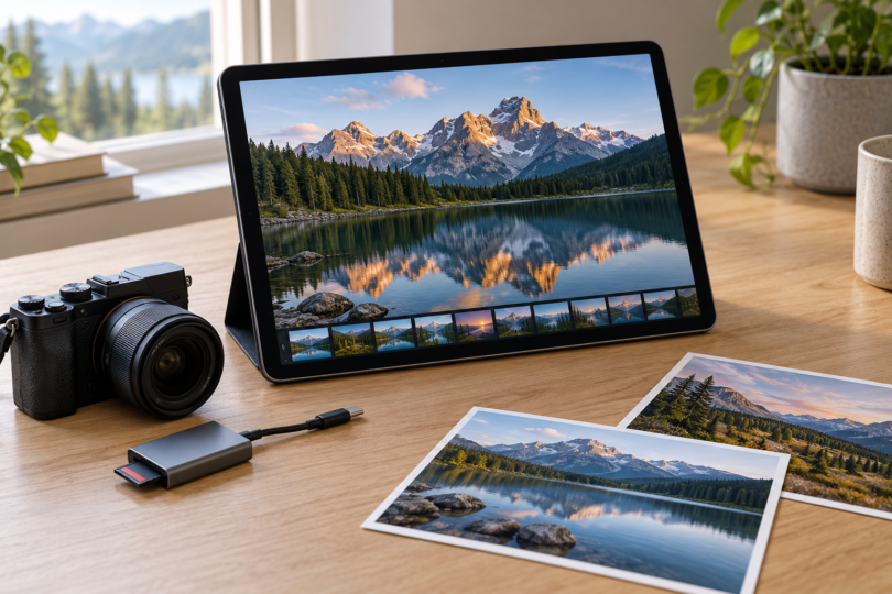 An unbranded tablet displays a mountain-lake photograph beside a camera, card reader and printed landscape photos on a wooden desk.