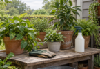 Leafy potted plants, a plain garden spray bottle and gardening gloves on an outdoor wooden potting bench.