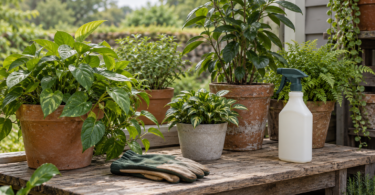 Leafy potted plants, a plain garden spray bottle and gardening gloves on an outdoor wooden potting bench.