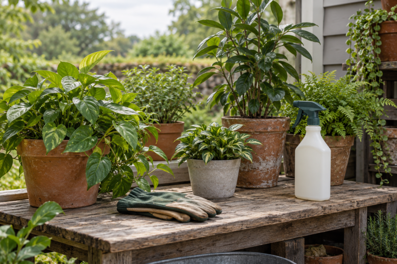 Leafy potted plants, a plain garden spray bottle and gardening gloves on an outdoor wooden potting bench.