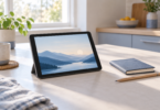 An unbranded tablet displaying a blue mountain landscape rests in a stand beside a closed notebook and pencil on a sunlit kitchen table.