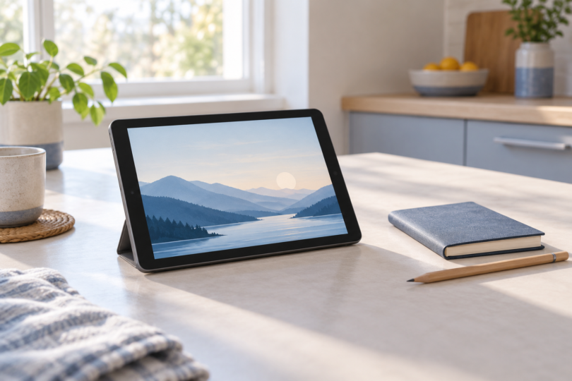 An unbranded tablet displaying a blue mountain landscape rests in a stand beside a closed notebook and pencil on a sunlit kitchen table.