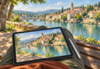 Conceptual scene of a tablet and stylus on an artist’s lap, displaying a painted view of a riverside town from a shaded bench.