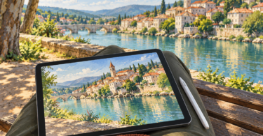 Conceptual scene of a tablet and stylus on an artist’s lap, displaying a painted view of a riverside town from a shaded bench.