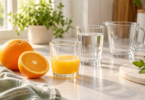 A small glass partly filled with orange juice beside a whole orange, an orange half, a glass of water and an empty clear jug.